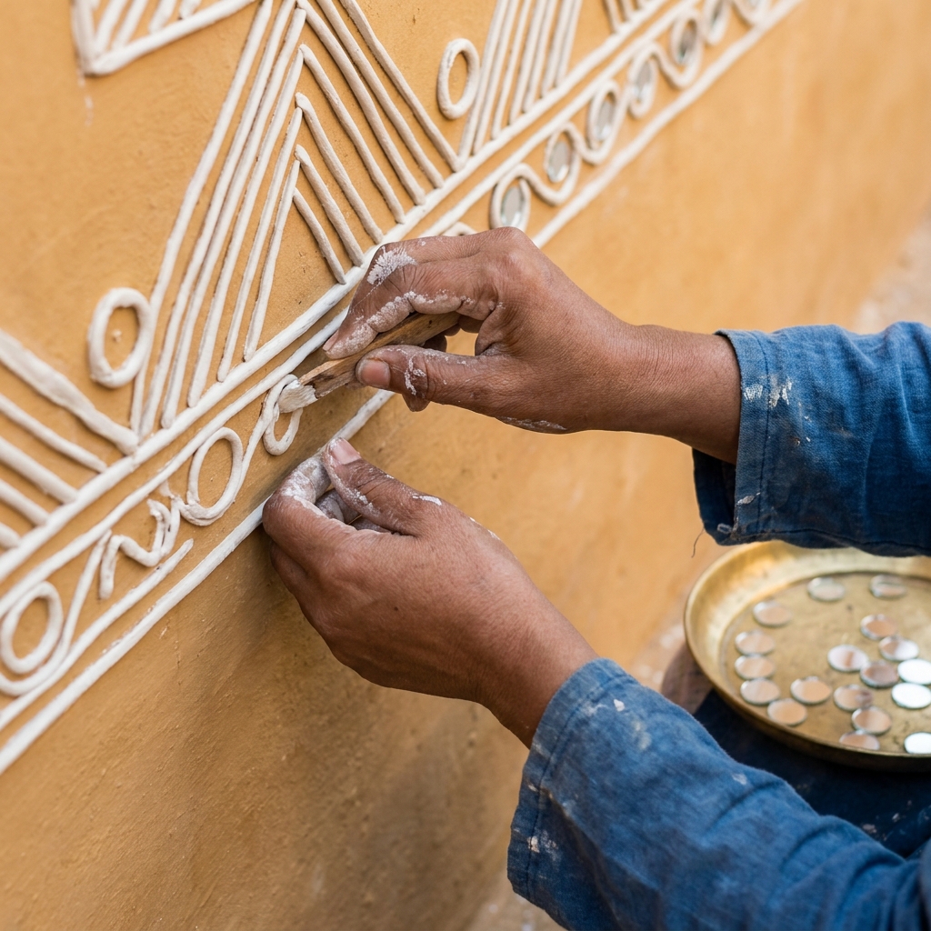 Palette knife layering — metallic gold and copper built up stroke by stroke on canvas.