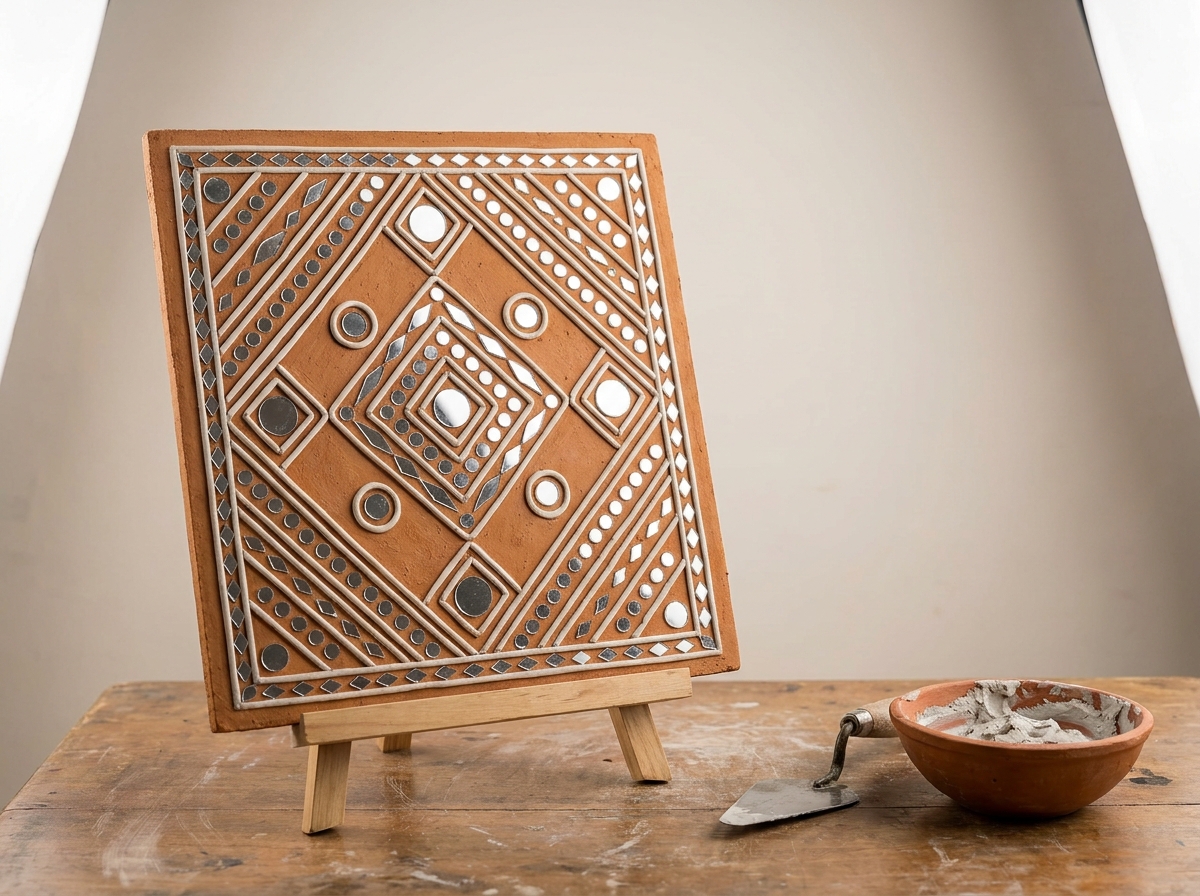 Traditional Lippan art panel on wooden stand with geometric patterns, mirrors, and clay tools
