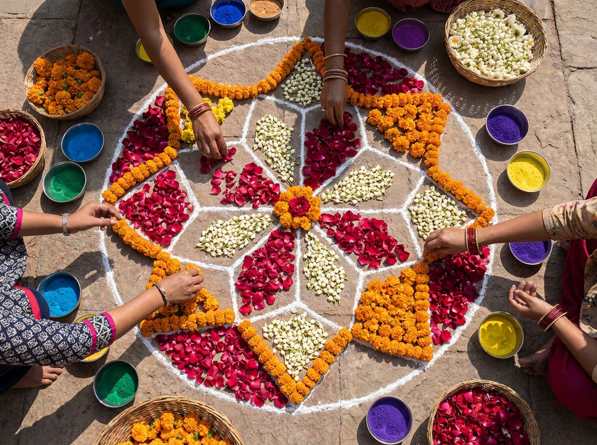 The studio volunteers at religious events across Ayodhya — rangoli of flowers and colours, made for an audience of thousands and gone by morning. The practice keeps the hand honest.