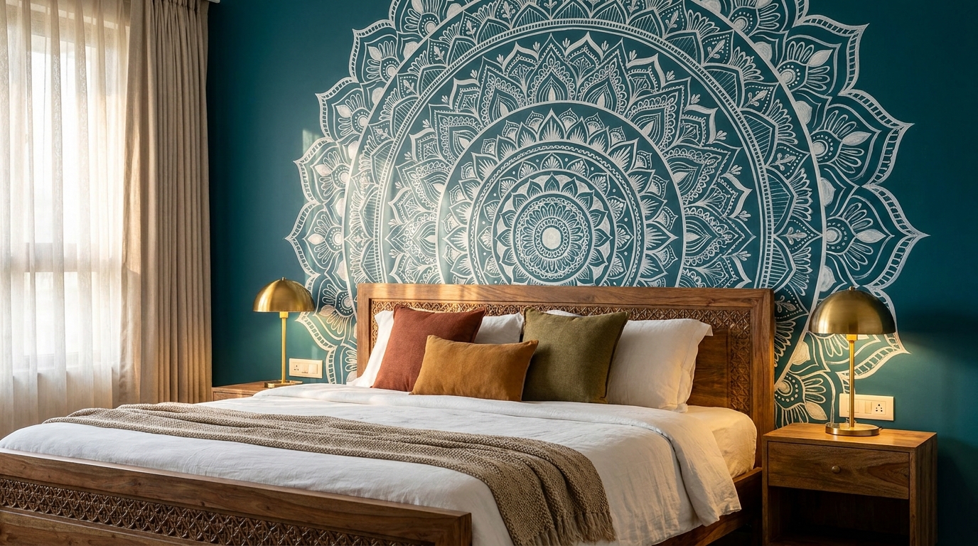 White mandala on teal — painted directly on the wall