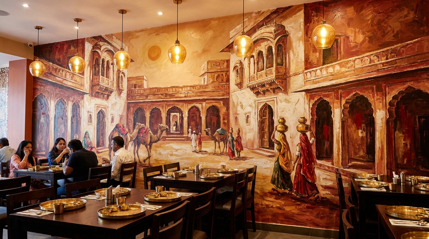 Rajasthani haveli scene in palette knife impressionism