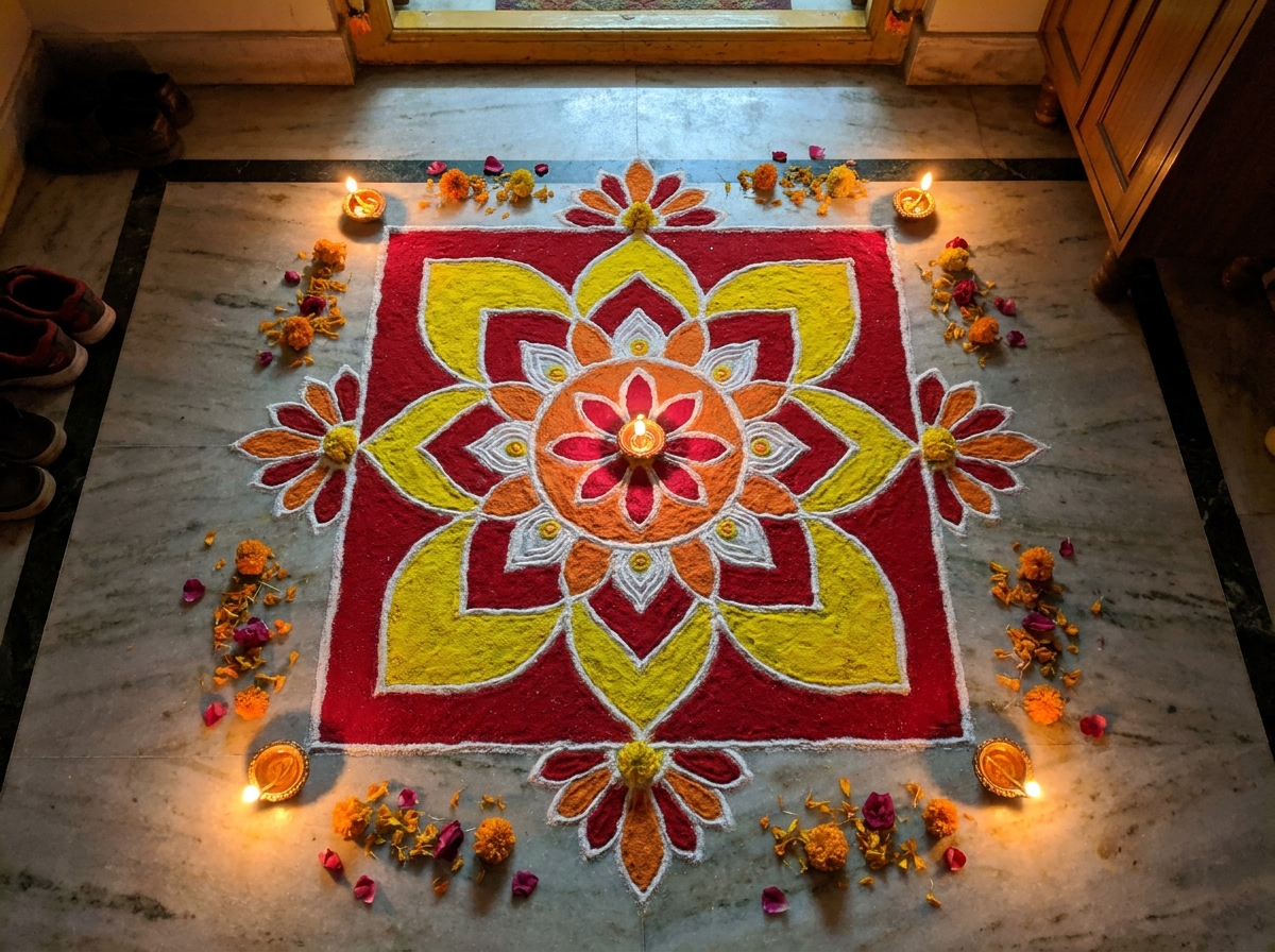 Coloured powder and brass diyas — the festival of light on the floor