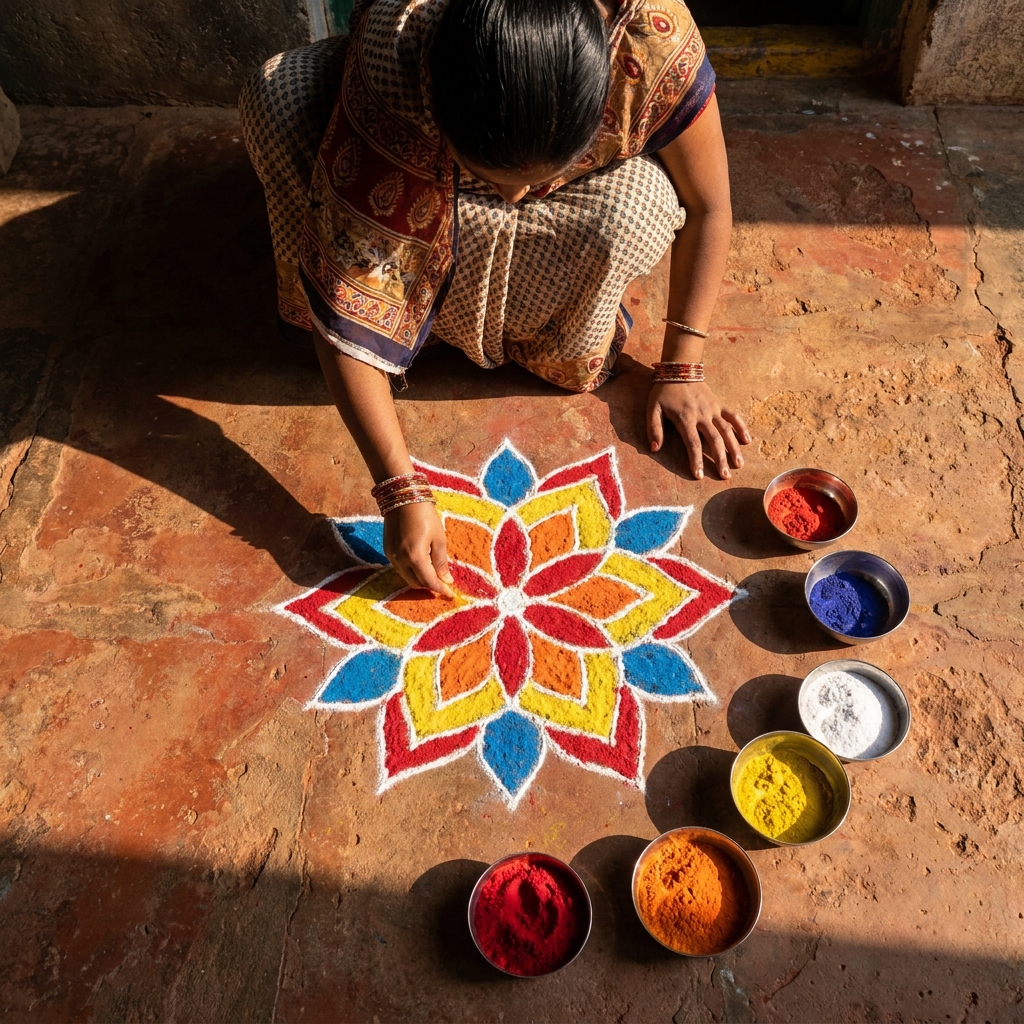 Hands creating geometric patterns in coloured powder
