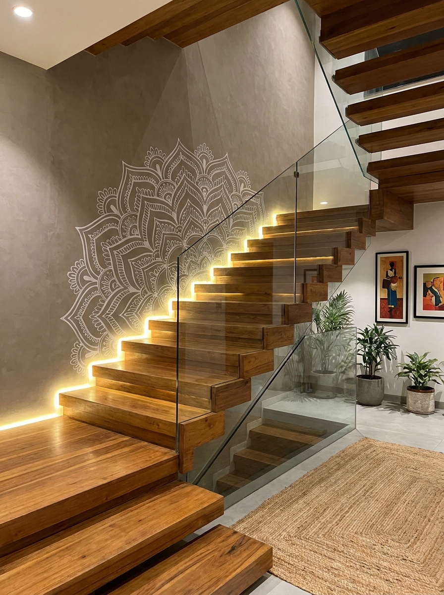 White mandala mural with LED-lit steps