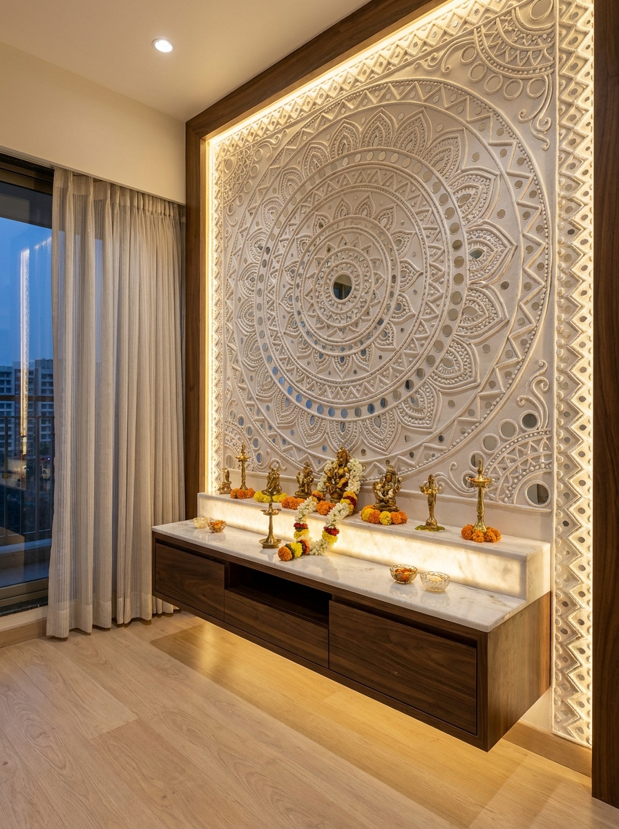 Lippan behind a sleek mandir with LED backlighting