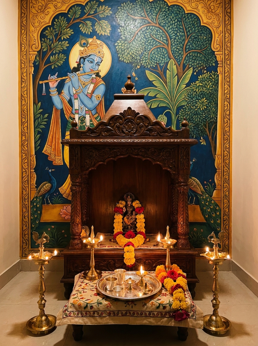 Hand-painted Krishna mural behind carved wooden mandir