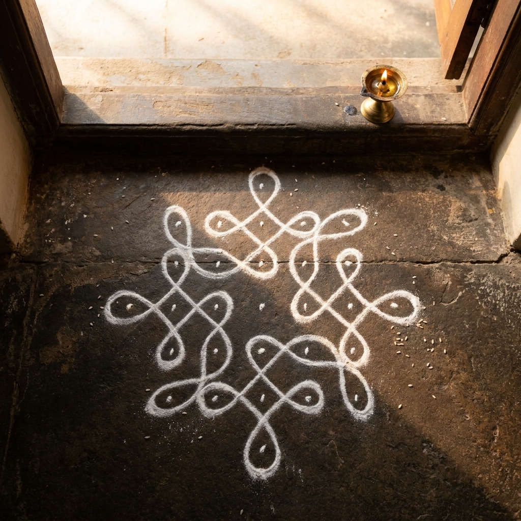 White rice flour on stone — a South Indian morning tradition