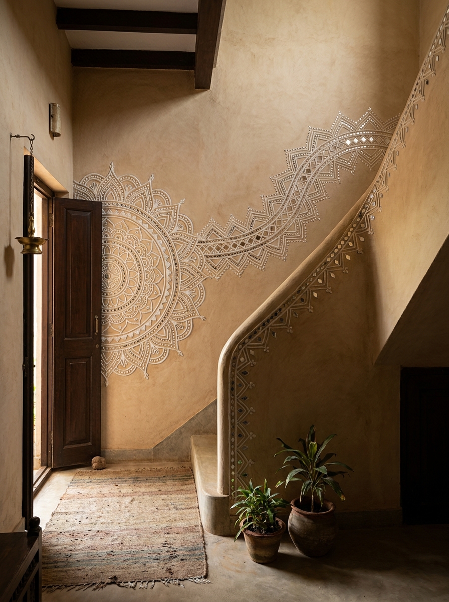 Lippan flowing from entrance mandala up the staircase wall